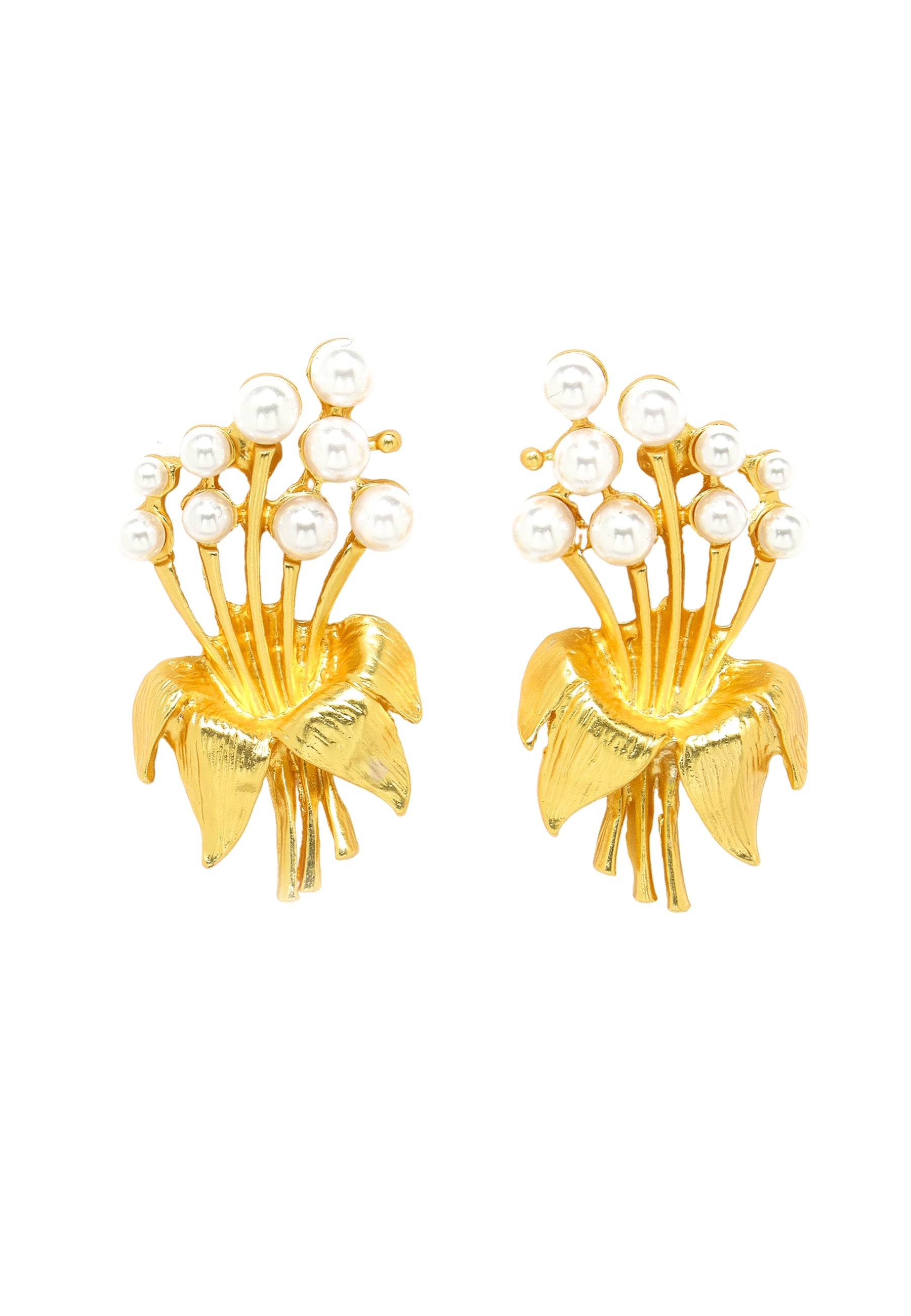 Metallic Hibiscus Gold-Plated Pearl Earrings
