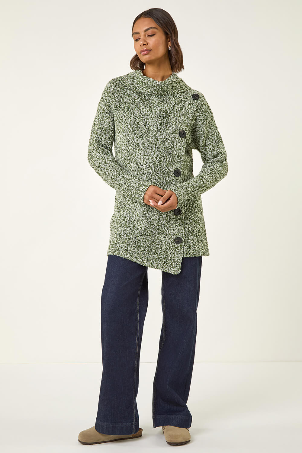 Green Roll Neck Button Detail Jumper, Image 3 of 5