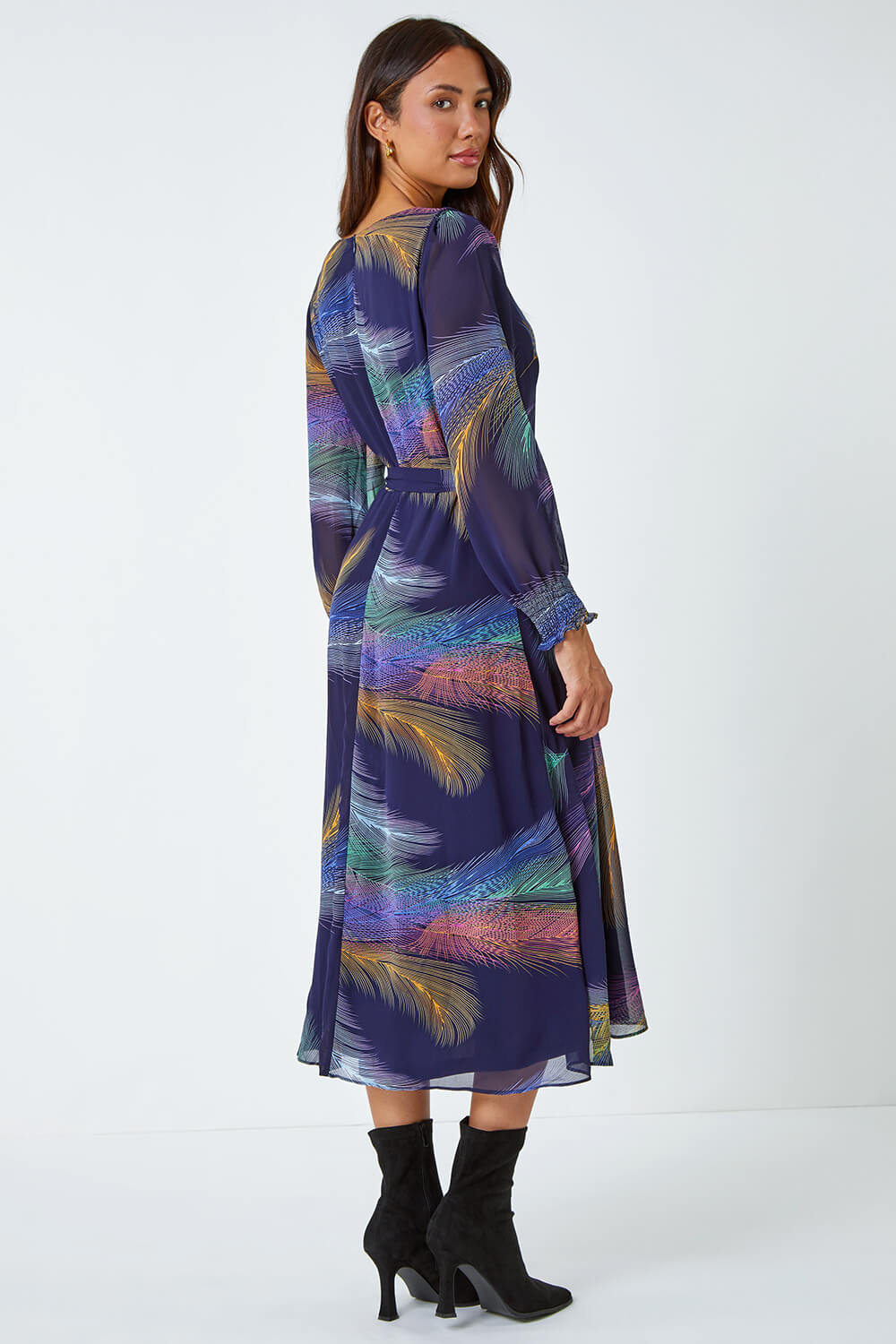 Purple Feather Print Belted Midi Dress, Image 4 of 5