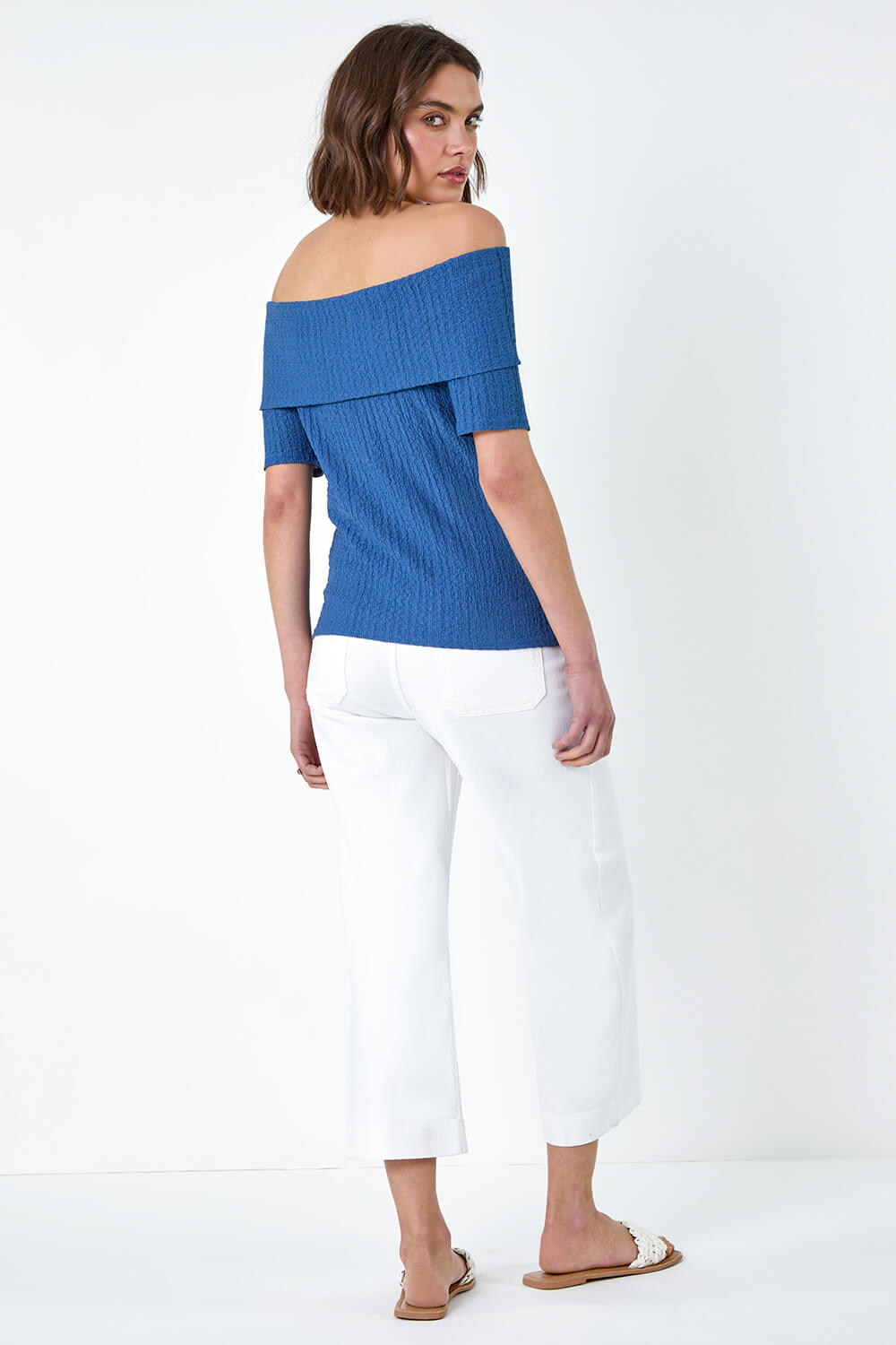 Denim Textured Stretch Bardot Top, Image 4 of 6