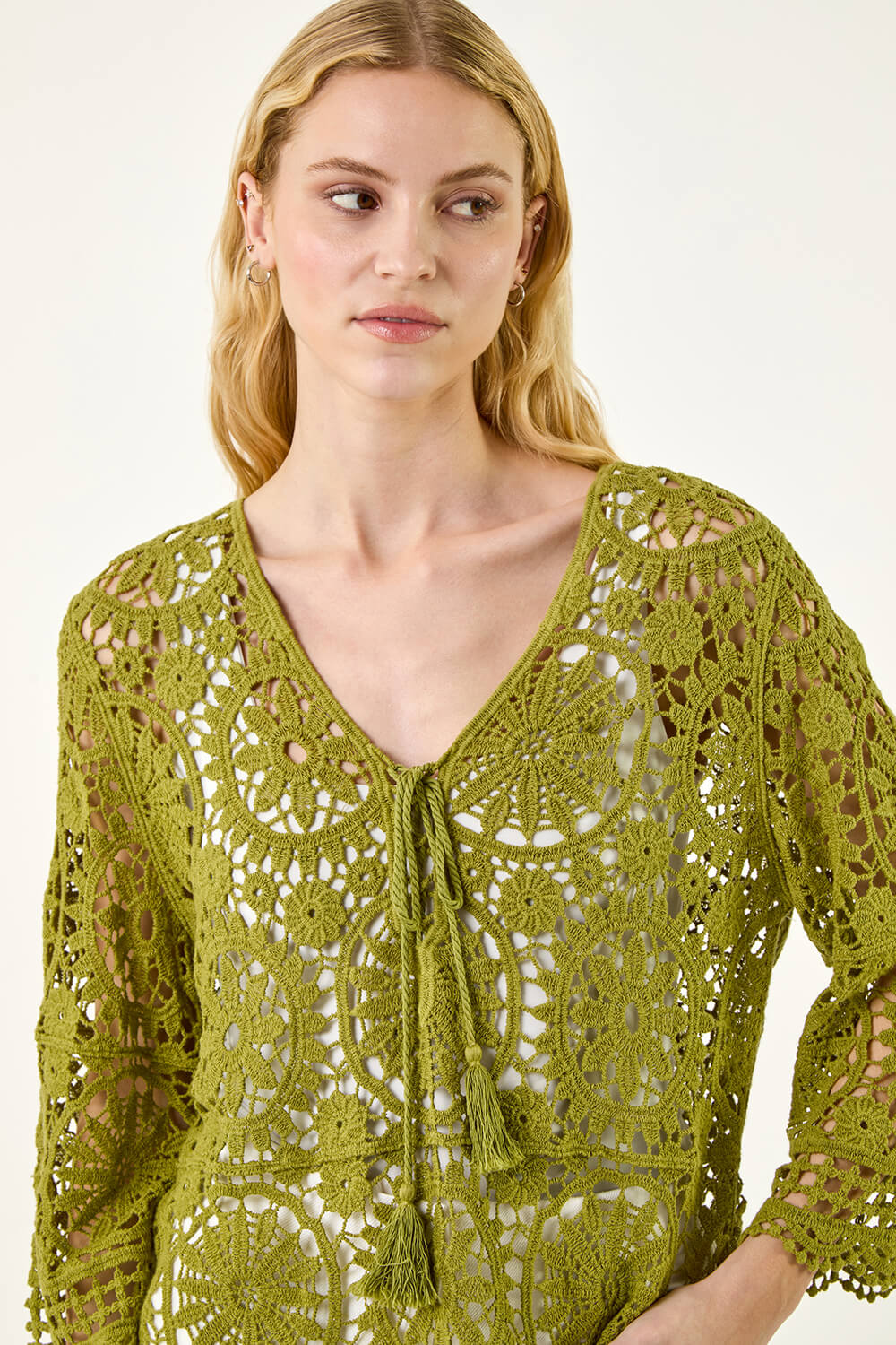 Khaki Crochet Tie Front Knit Tunic, Image 6 of 6