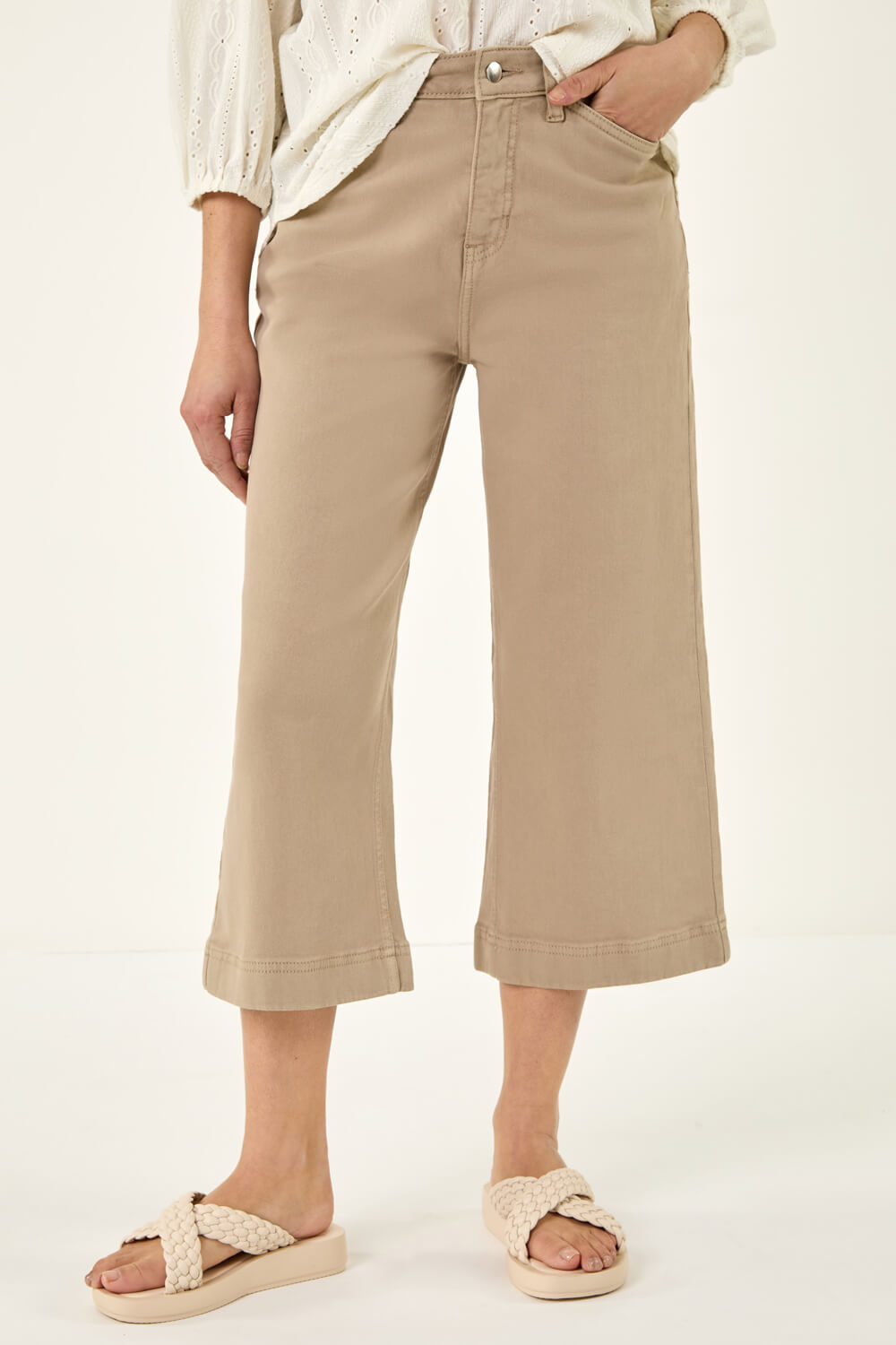 Beige Wide Leg Stretch Denim Culottes, Image 6 of 6