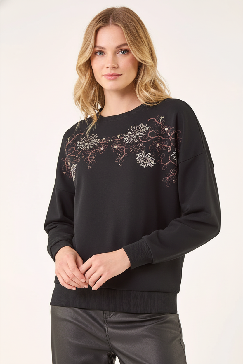 Black Floral Embroidered Sweatshirt , Image 1 of 4