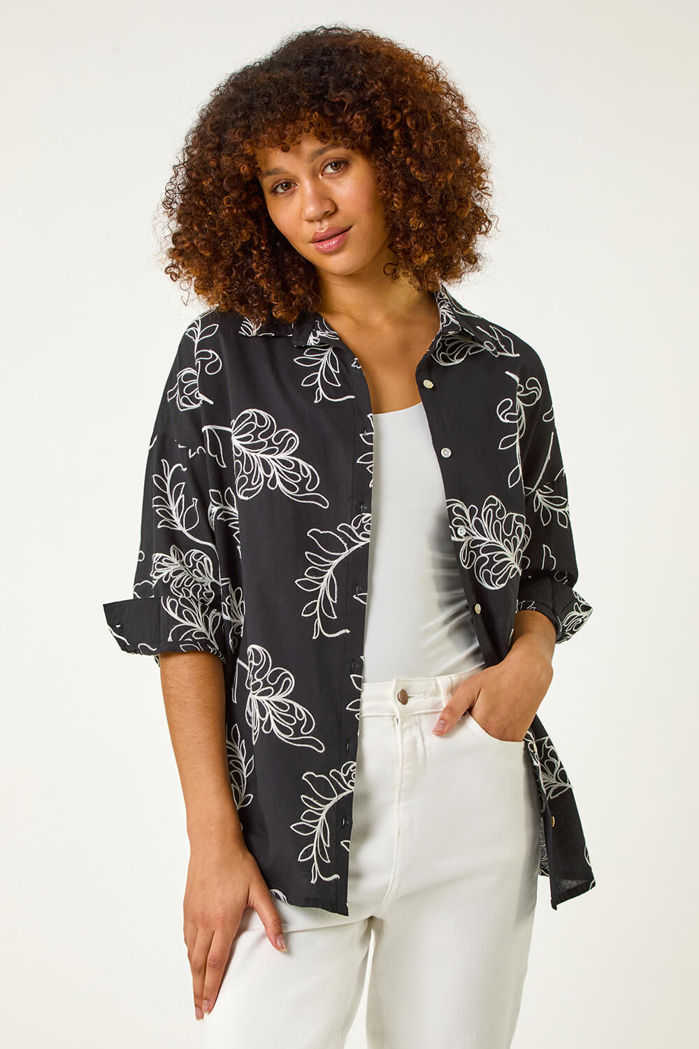 Black Embroidered Floral Cotton Shirt, Image 1 of 7