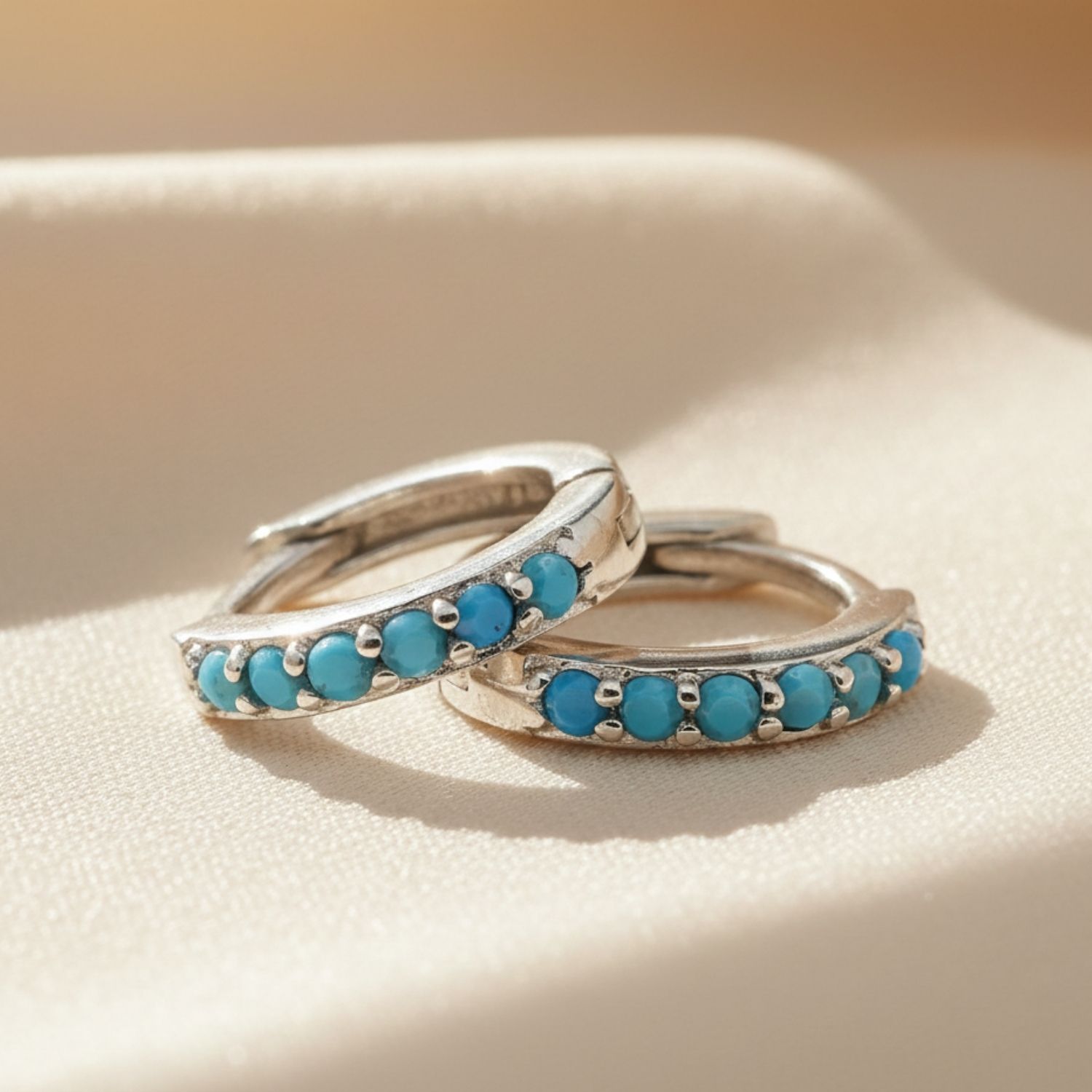 Blue Turquoise December Birthstone Small Silver Huggie Hoops