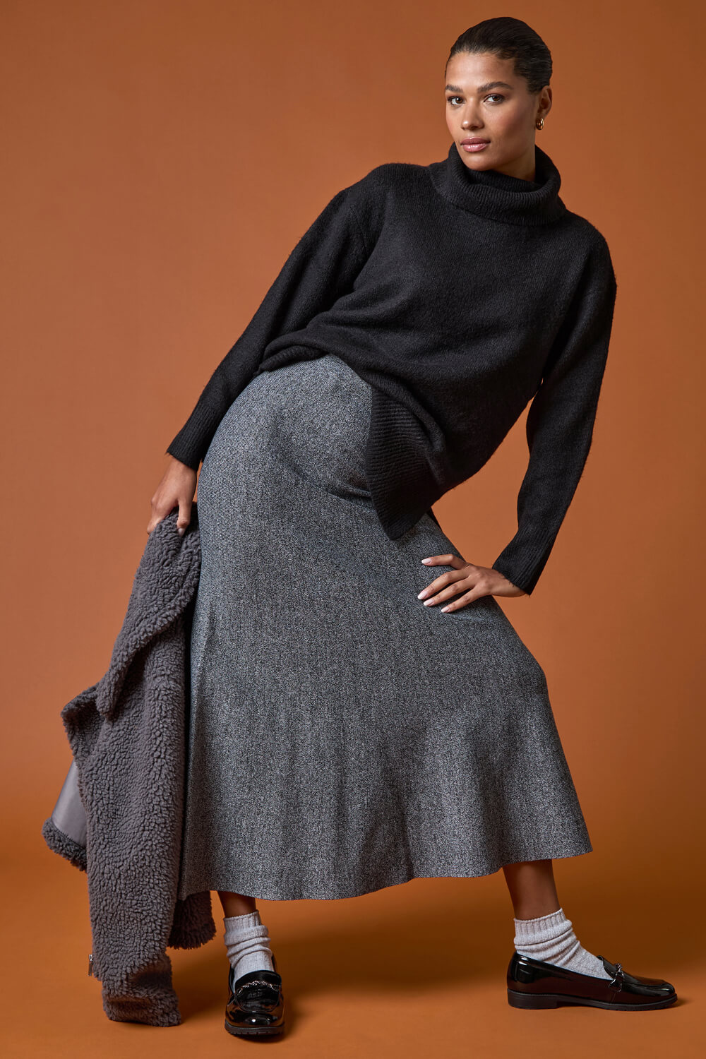 Grey Knitted Elastic Waist A Line Midi Skirt, Image 7 of 7