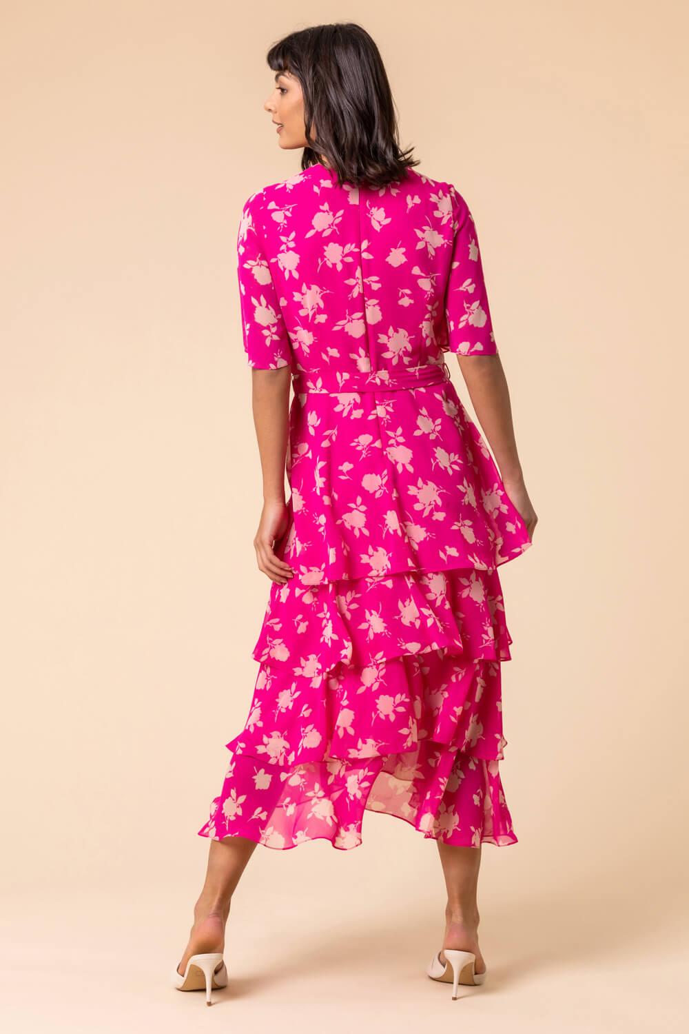 Pink Floral Print Tiered Frill Midi Dress, Image 3 of 5