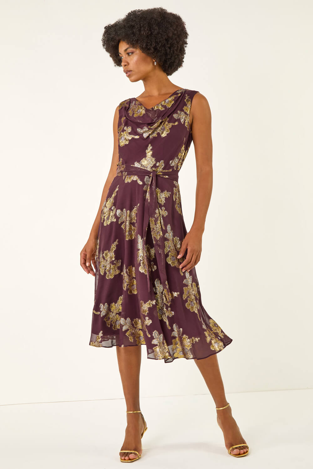 Plum Metallic Jacquard Cowl Neck Midi Dress, Image 3 of 5