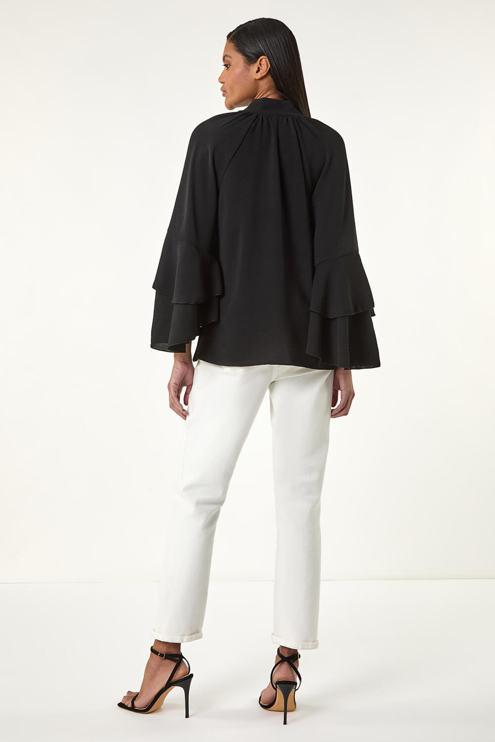 Black Frilled Sleeve Tie Front Top, Image 4 of 5