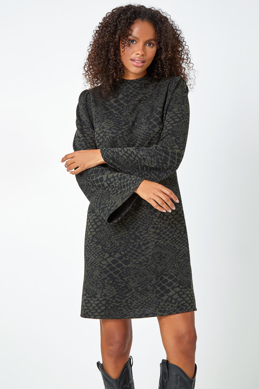 Khaki Animal Print Stretch Swing Dress, Image 5 of 5