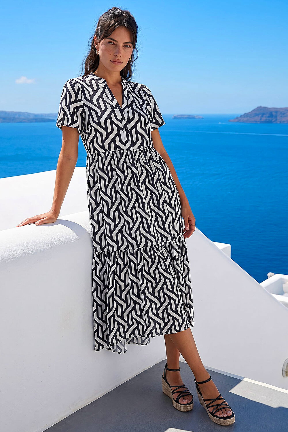 Black Geometric Print Tiered Midi Dress, Image 4 of 4