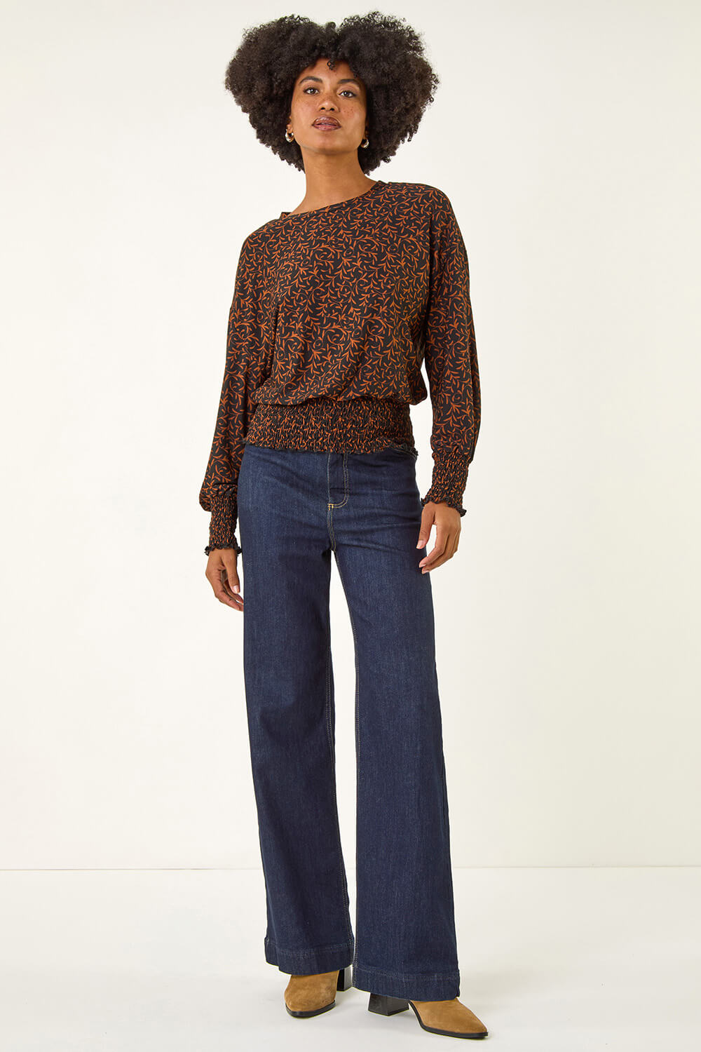 Black Abstract Print Shirred Top, Image 1 of 5