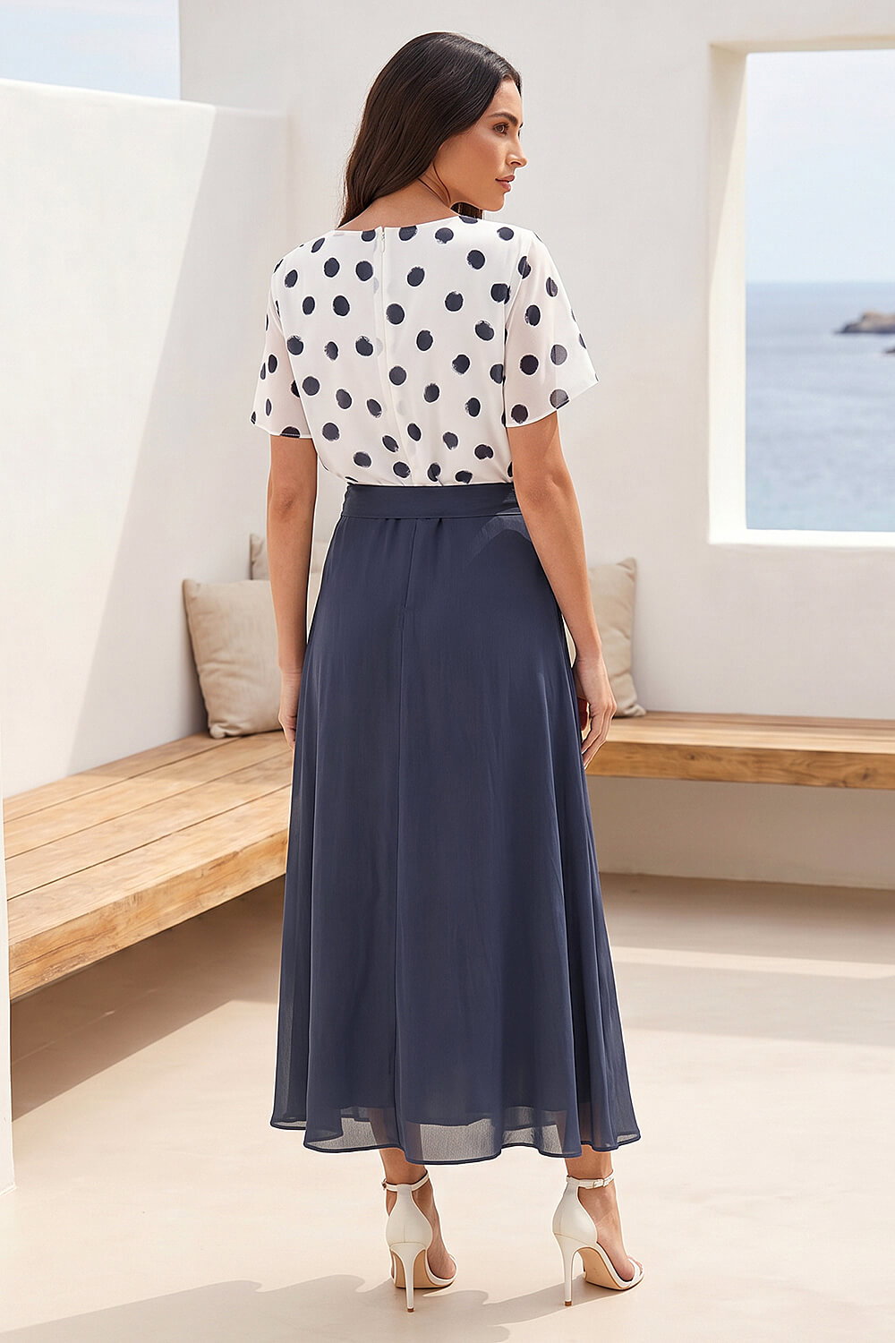 Navy Spot Contrast Midi Dress, Image 4 of 4