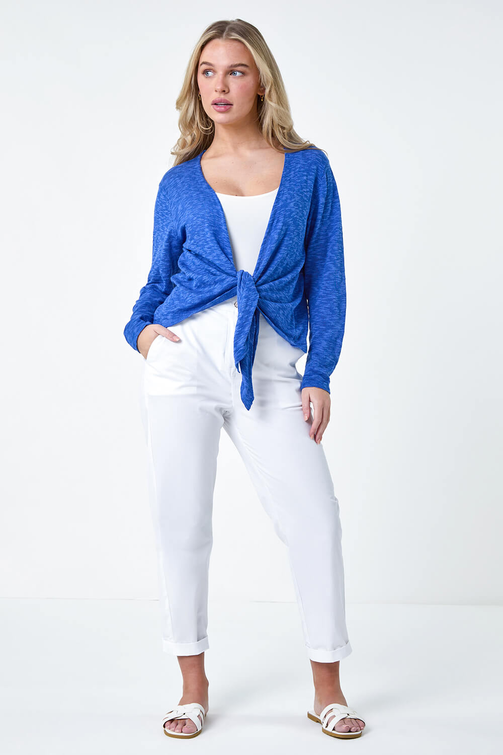 Royal Blue Petite Waterfall Front Cotton Knit Cardigan, Image 3 of 5