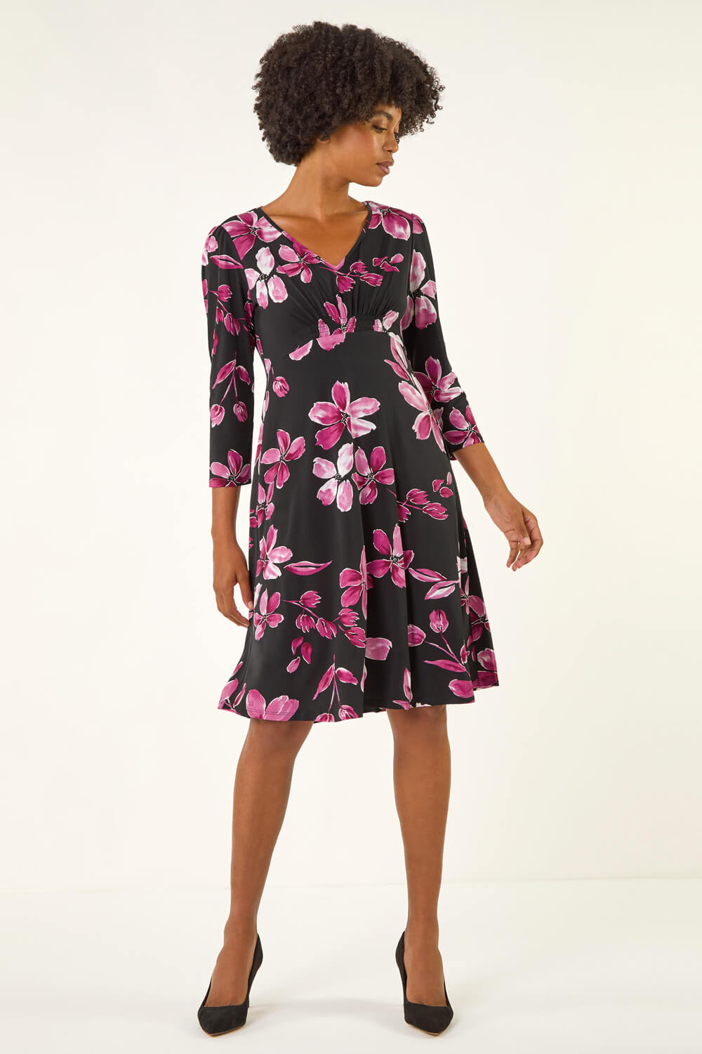 MAGENTA Floral Print Gathered Stretch Midi Dress, Image 3 of 5