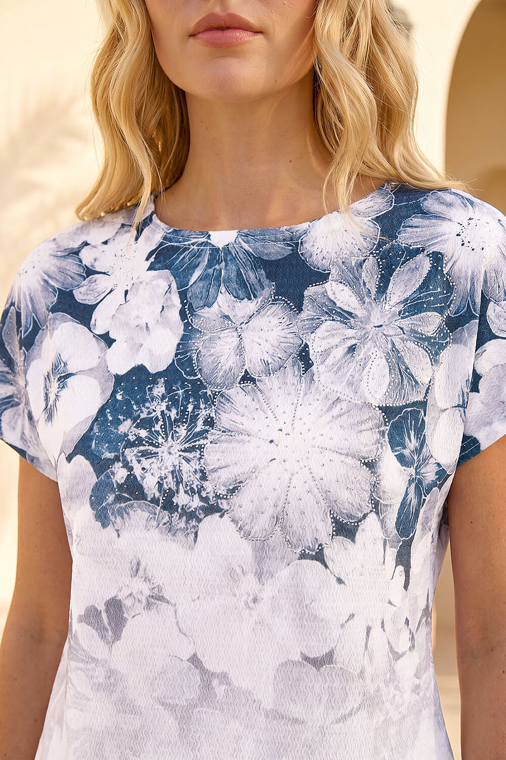 Grey Floral Print Embellished T-Shirt , Image 5 of 4