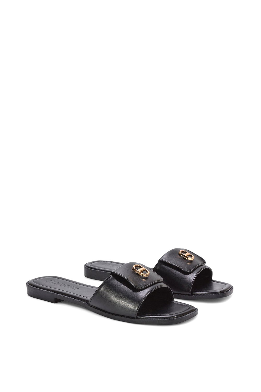 Black XY LONDON Black 'Leigh' Open Toe Foldover Buckle Slip On Flat Slider Mules, Image 3 of 5