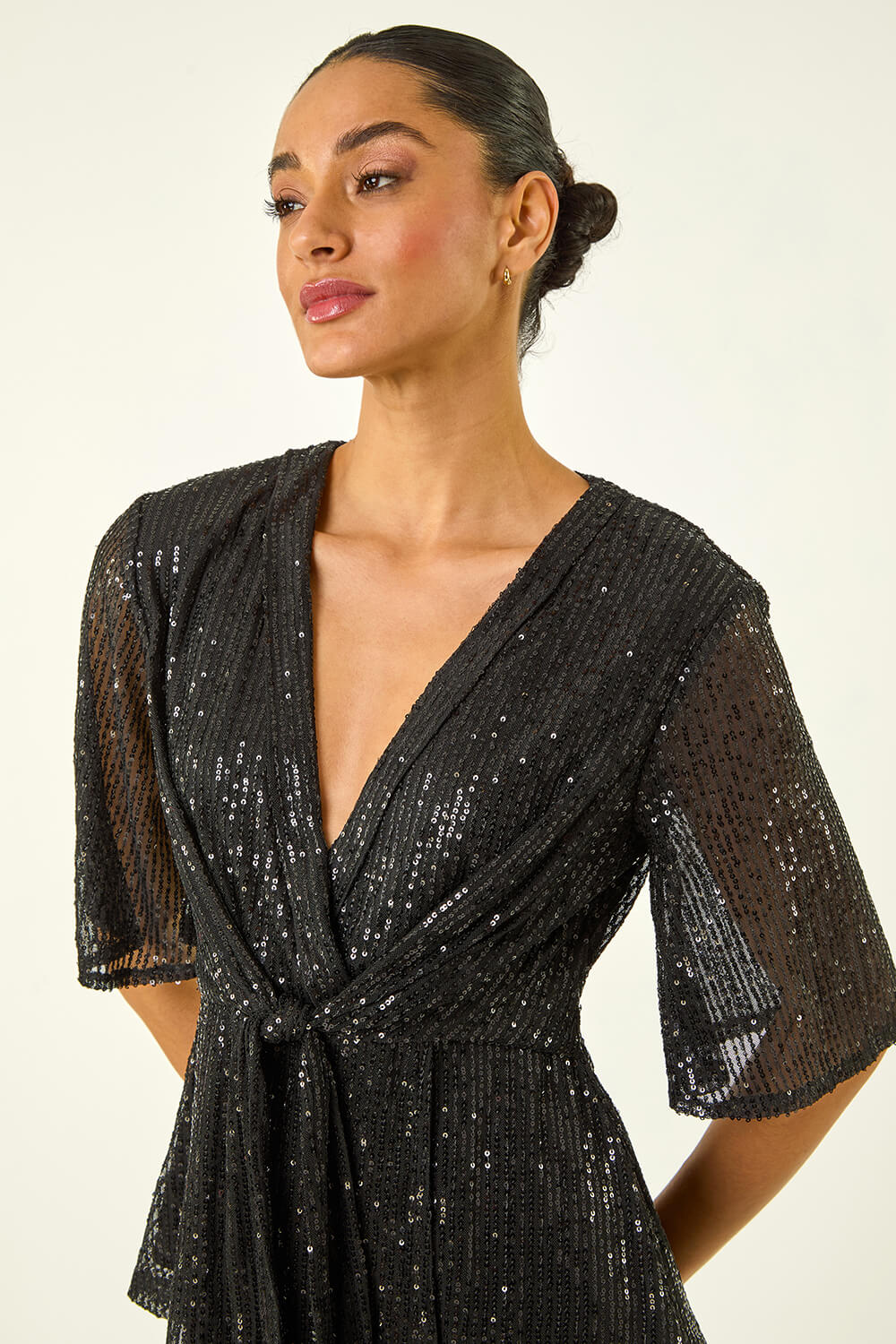 Black Dusk Sequin Tie Front V-Neck Stretch Top, Image 5 of 5