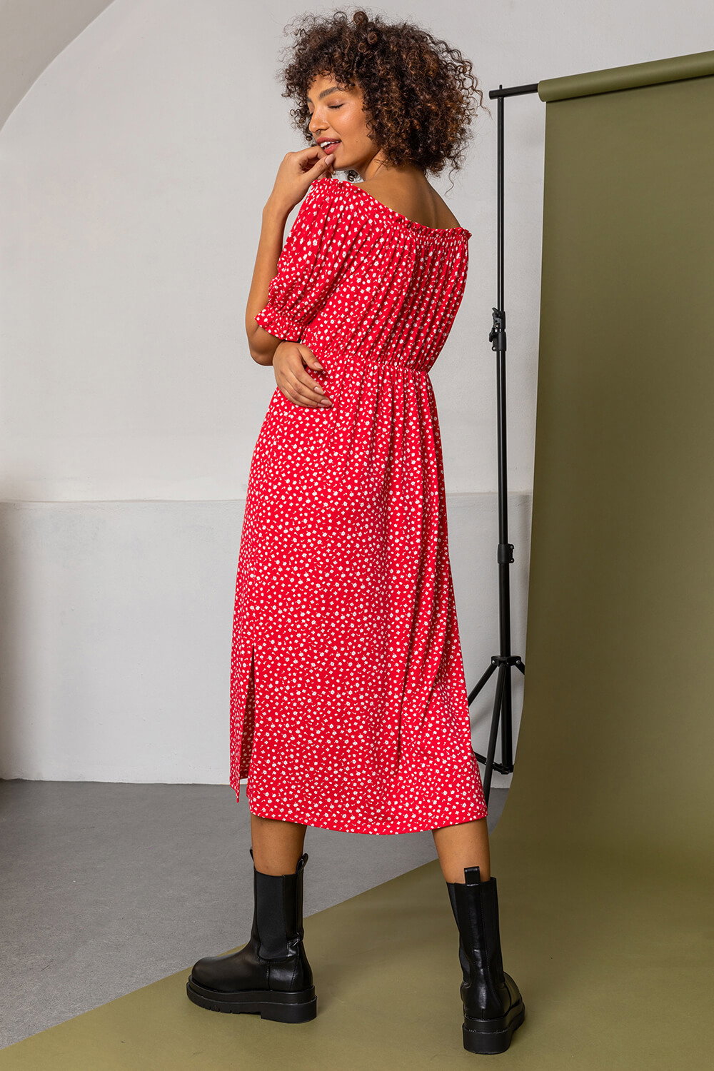 Red Ditsy Floral Bardot Midi Dress | Dusk UK