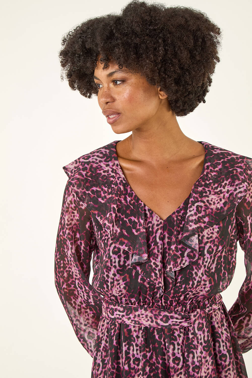 Pink Animal Print Frill V-Neck Dress, Image 5 of 5