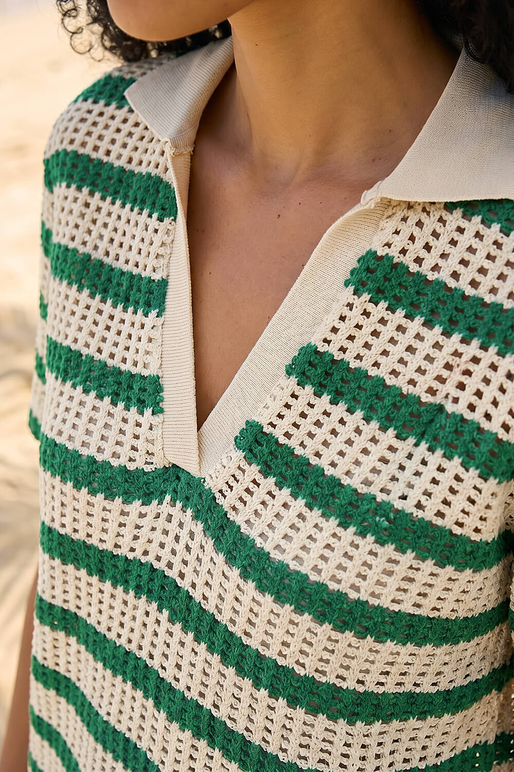 Green Stripe Crochet Collar Knit Top, Image 5 of 4
