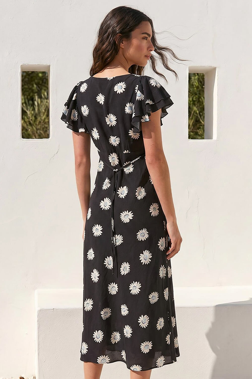 Black Floral Print Frill Midi Dress, Image 3 of 4