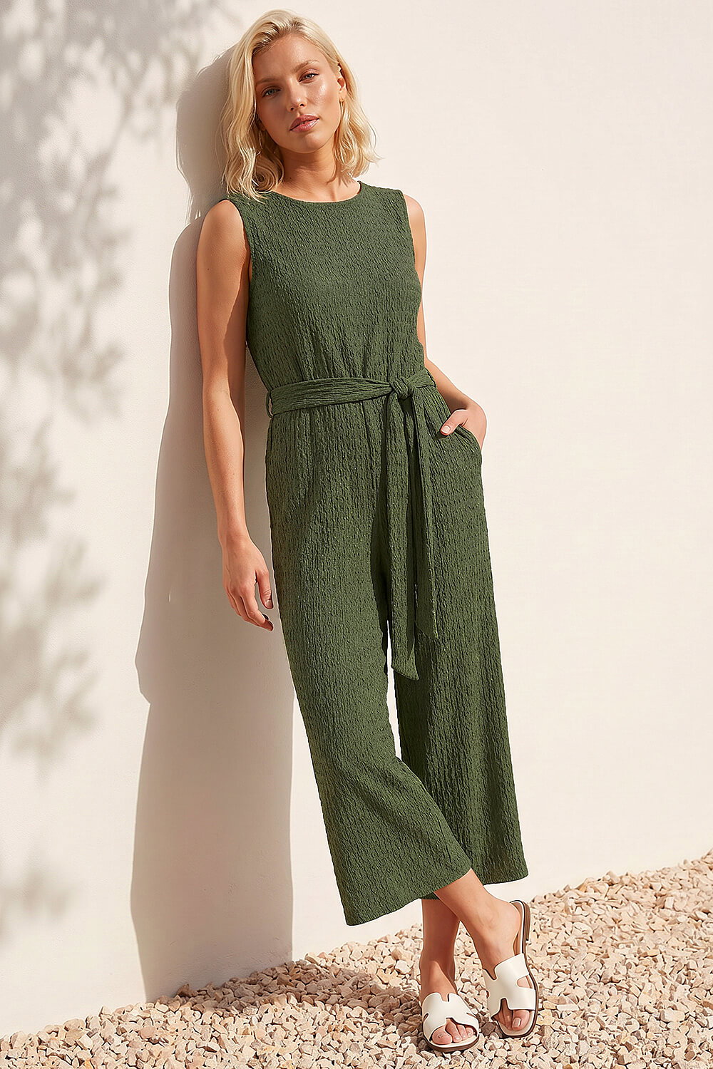 Khaki Petite Textured Jumpsuit, Image 1 of 4