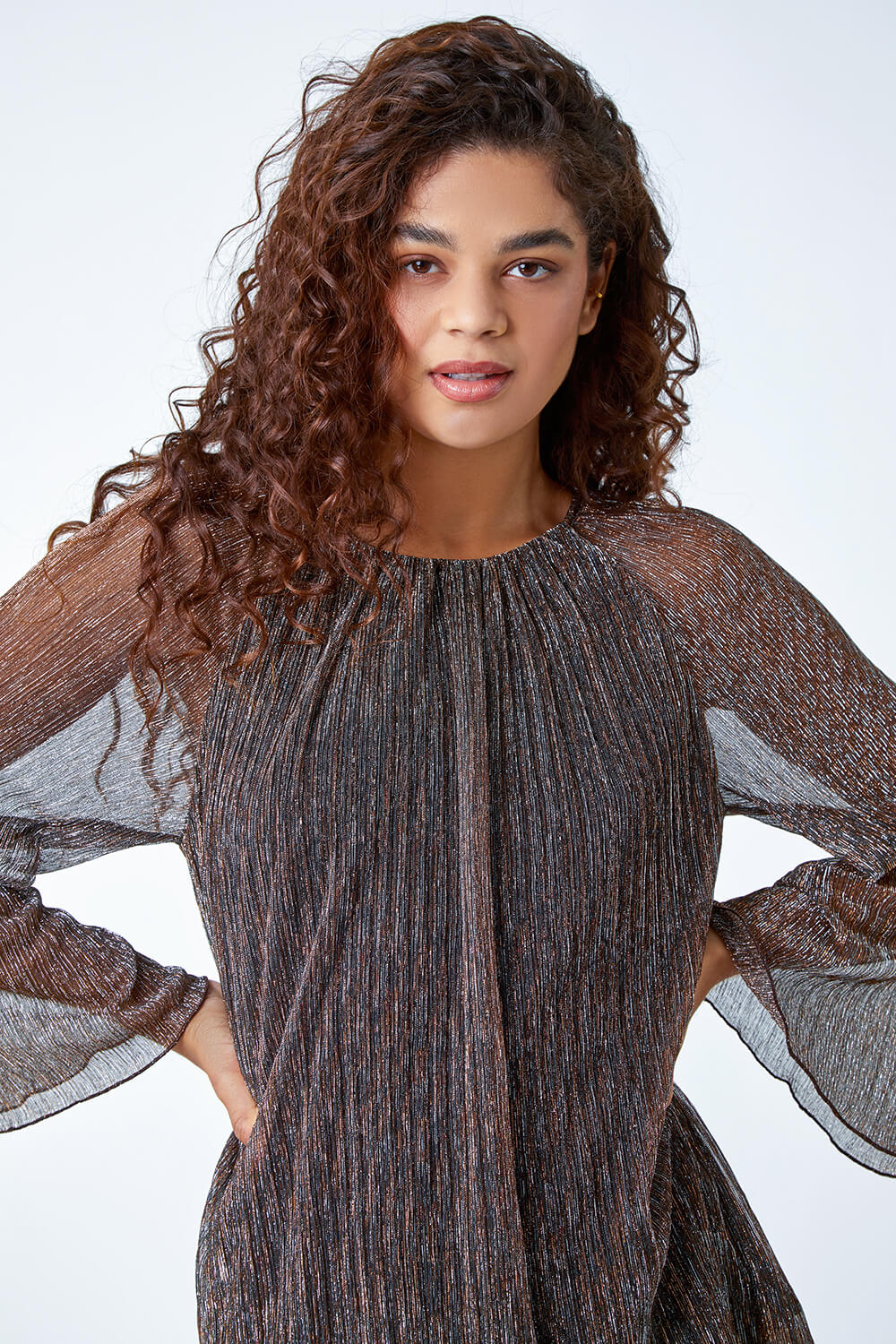 Bronze Plisse Overlay Wide Sleeve Top, Image 5 of 6