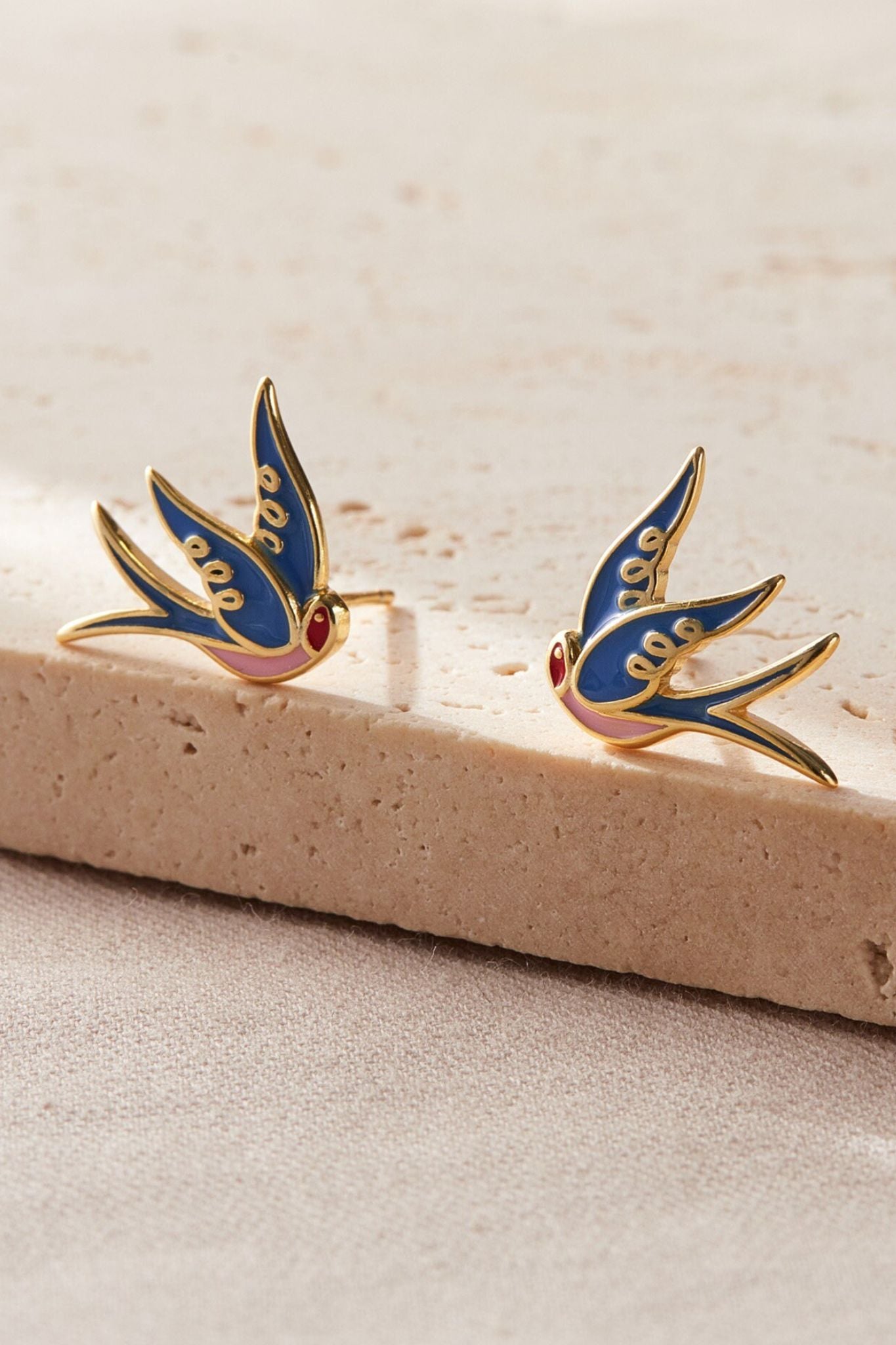 Gold Sterling Silver Blue Swallow Bird Stud Earrings, Image 2 of 2