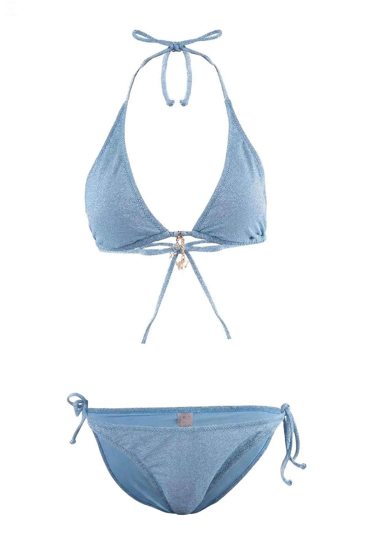 Blue WOVCOR Blue Triangle Tie Side Bikini Set with Halterneck Top, Image 1 of 2