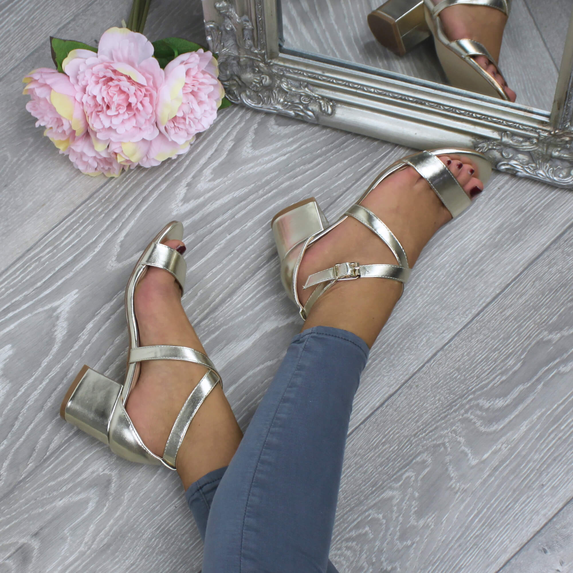 Gold AJVANI Gold Mid Block Heel Crossed Straps Sandals, Image 5 of 6