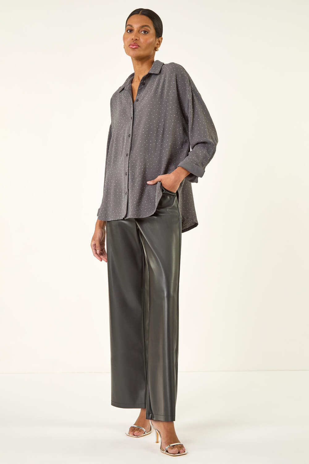 Dark Grey Hotfix Collared Longline Shirt, Image 3 of 5