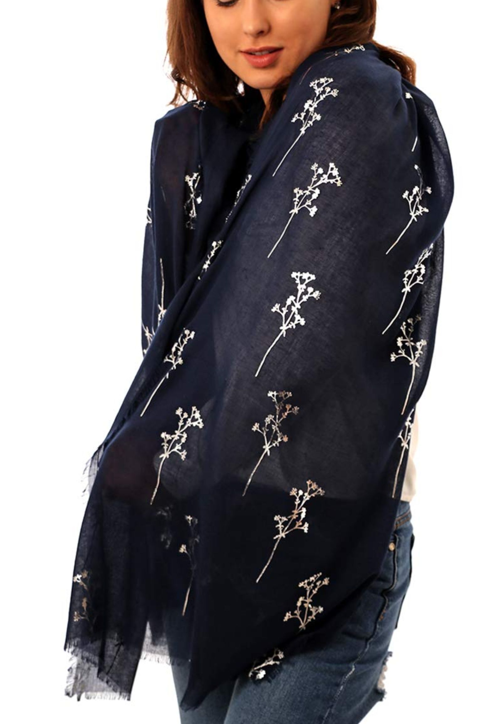 Navy Blue Silver Foil Floral Sprig Lightweight Scarf, Image 2 of 3