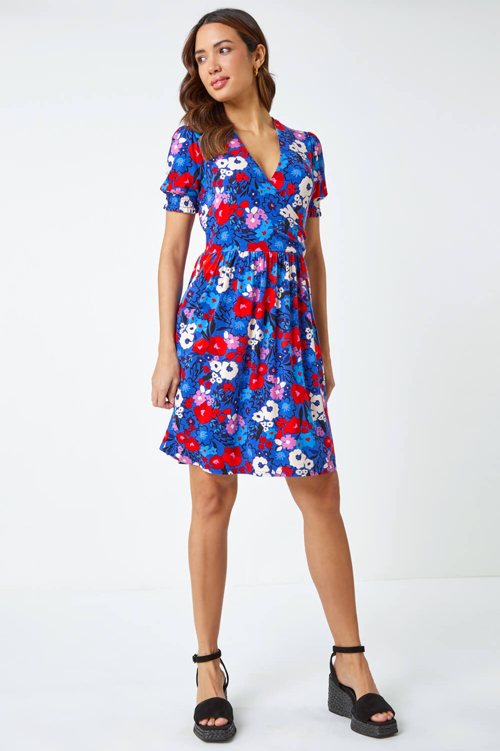 Blue Floral Frill Sleeve Wrap Dress , Image 3 of 5