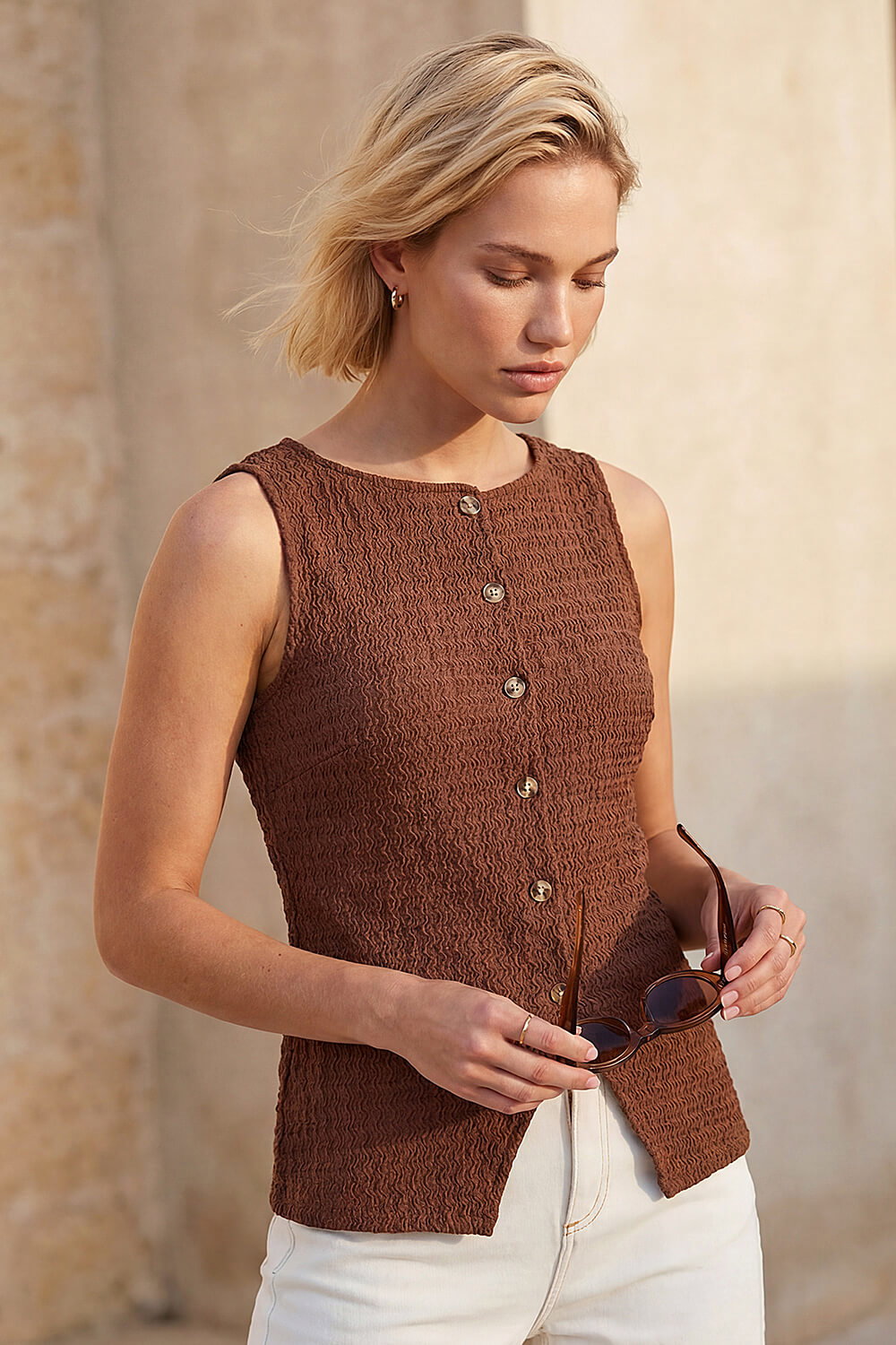 Chocolate Buttoned Stretch Blouse , Image 1 of 4