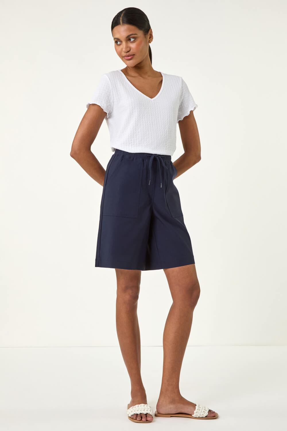 Navy Drawcord Detail Pocket Stretch Shorts, Image 3 of 5
