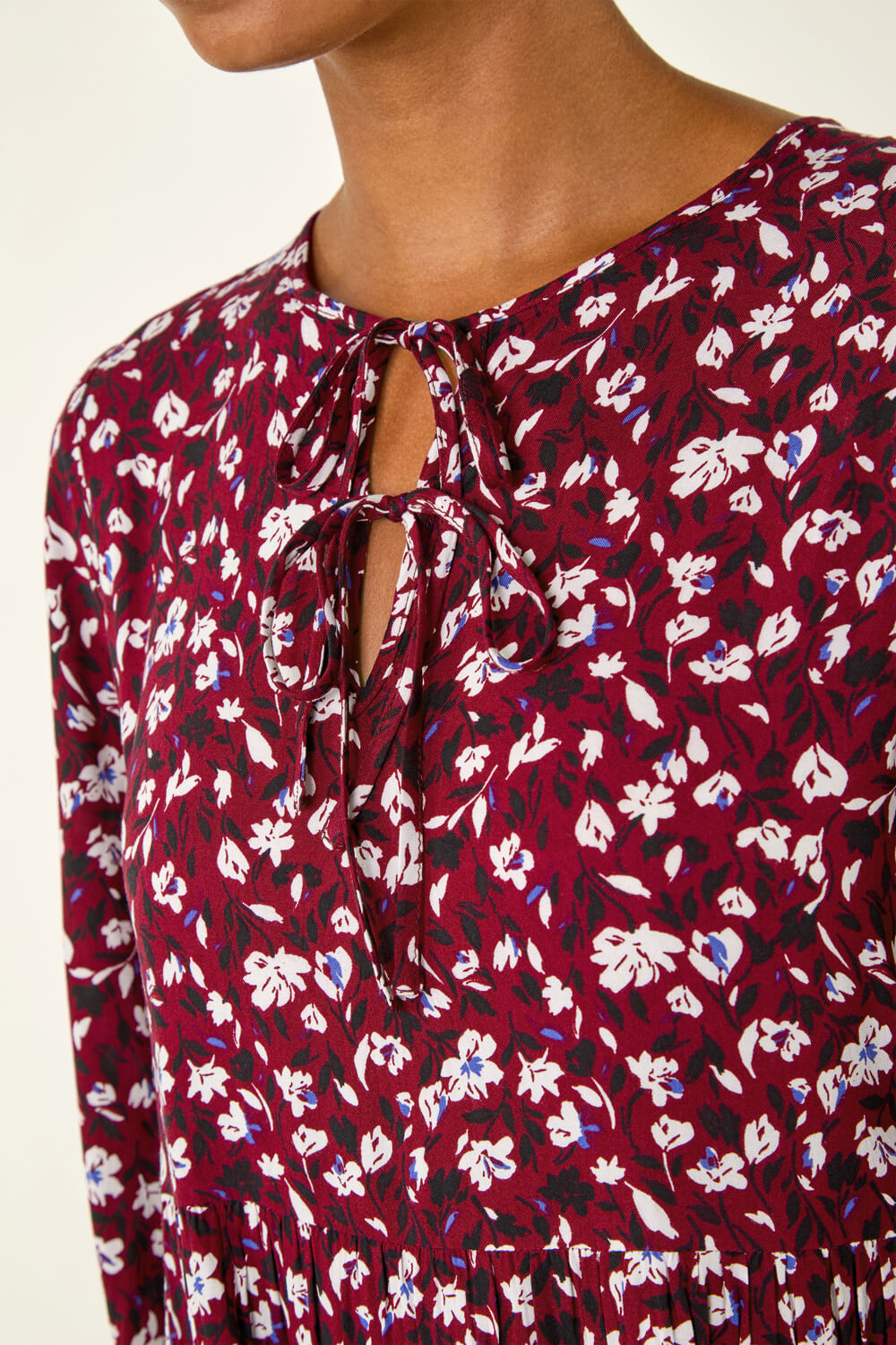 Wine Floral Tie Front Smock Dress, Image 6 of 5