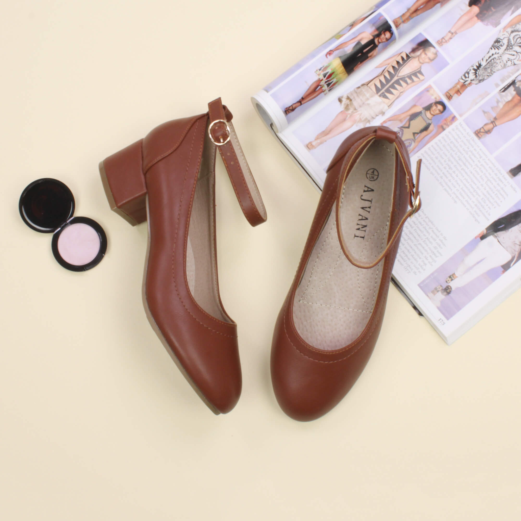 Tan AJVANI Tan Low Block Heel Ankle Strap Court Shoes, Image 4 of 6