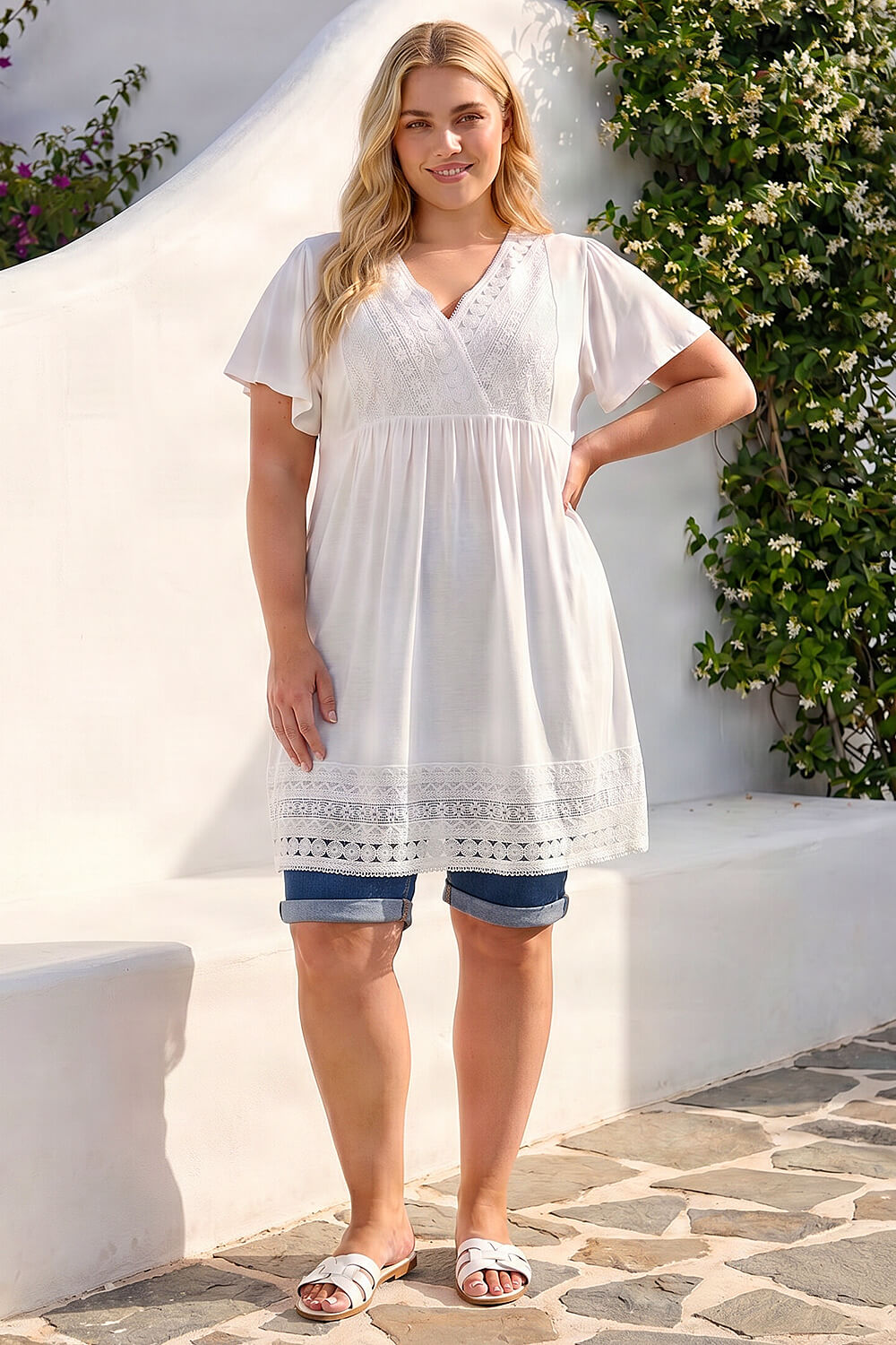 Ivory Curve Lace Trim Stretch Top, Image 3 of 4
