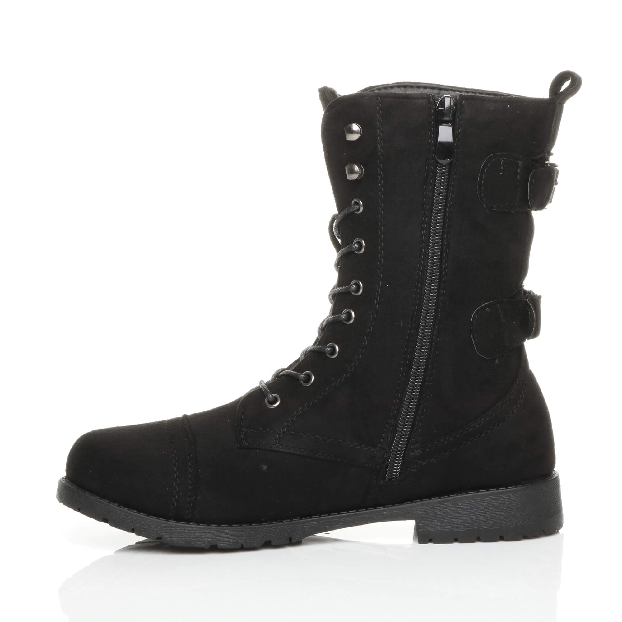 Black Lace Up Zips Military Biker Ankle Boots, Image 3 of 6