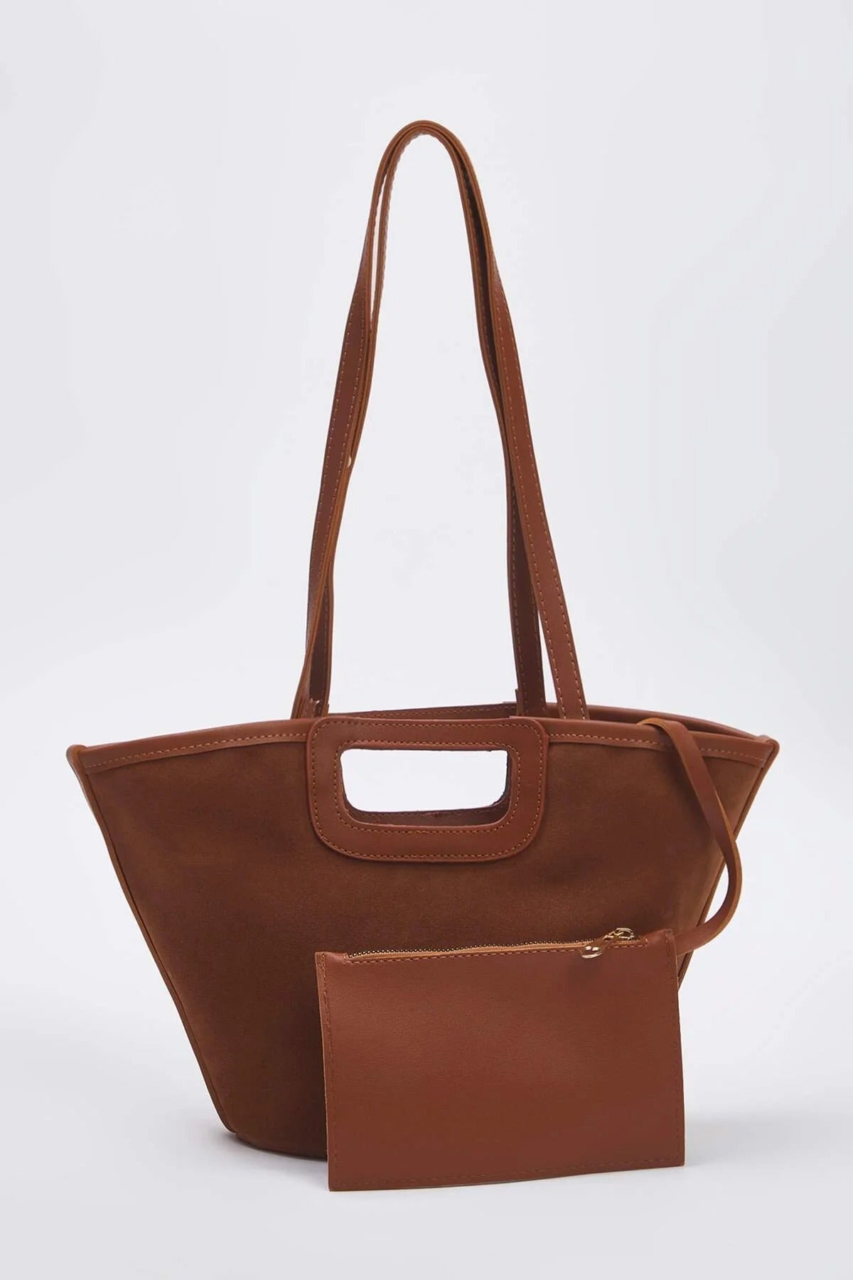 Brown Stitch Detail Structured Tote Bag with Cut Out Handle, Image 1 of 3