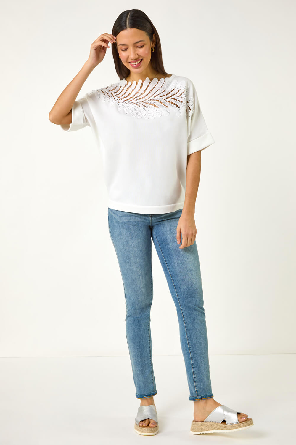Ivory Embellished Short Sleeve Knit Top, Image 3 of 5