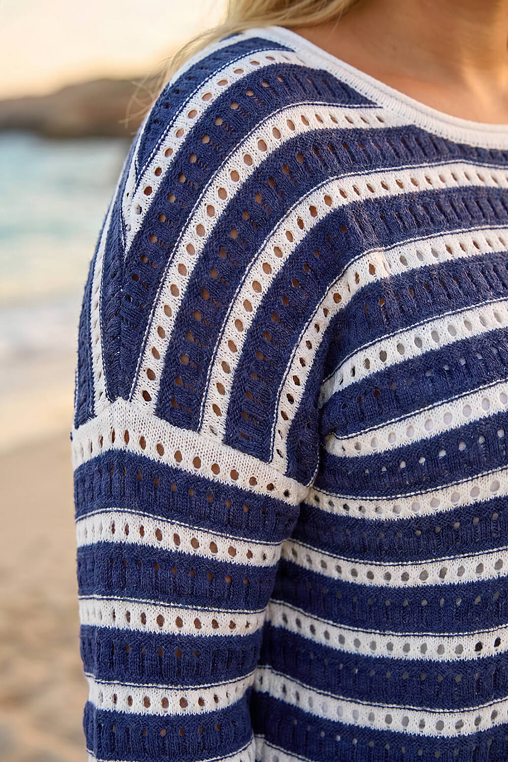 Navy  Curve Crochet Stripe Knit Top, Image 5 of 4