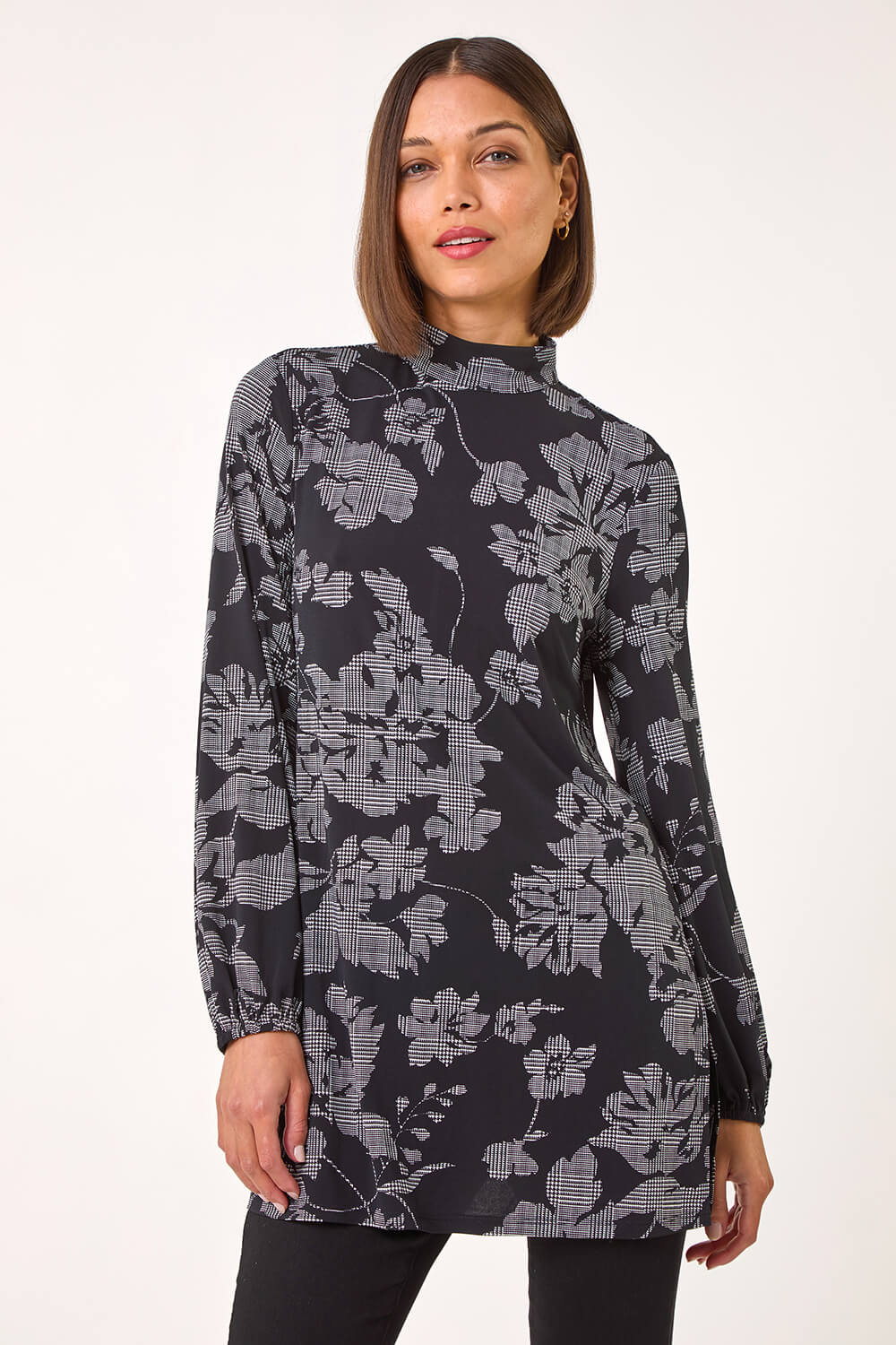 Black Printed Side Split Tunic Top, Image 3 of 5