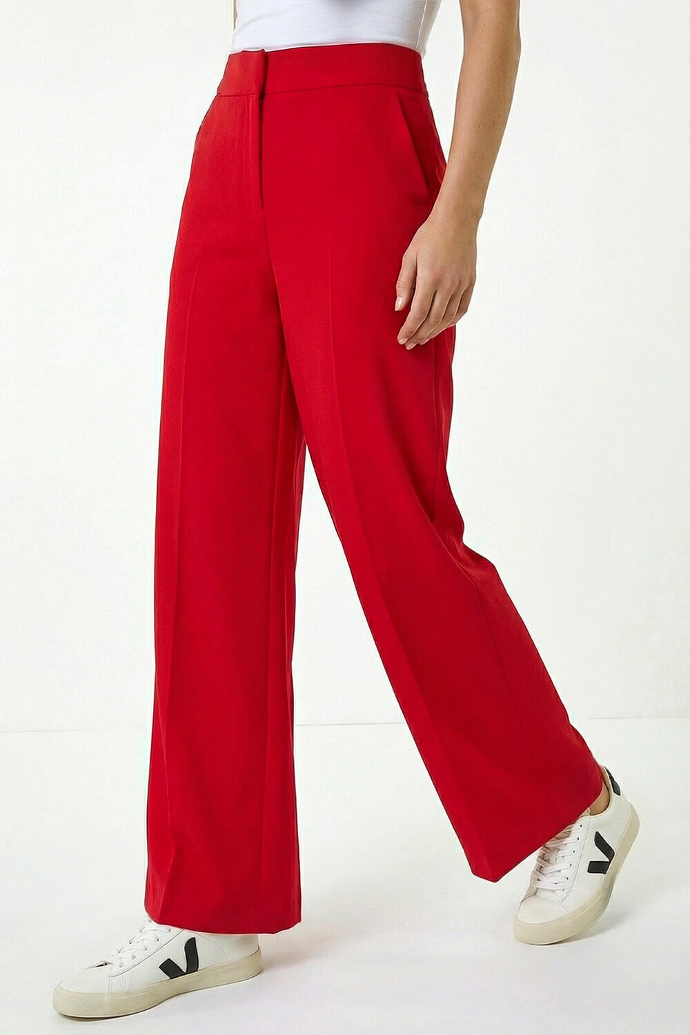 Red Deep Waistband Wide Leg Belted Trouser, Image 4 of 5