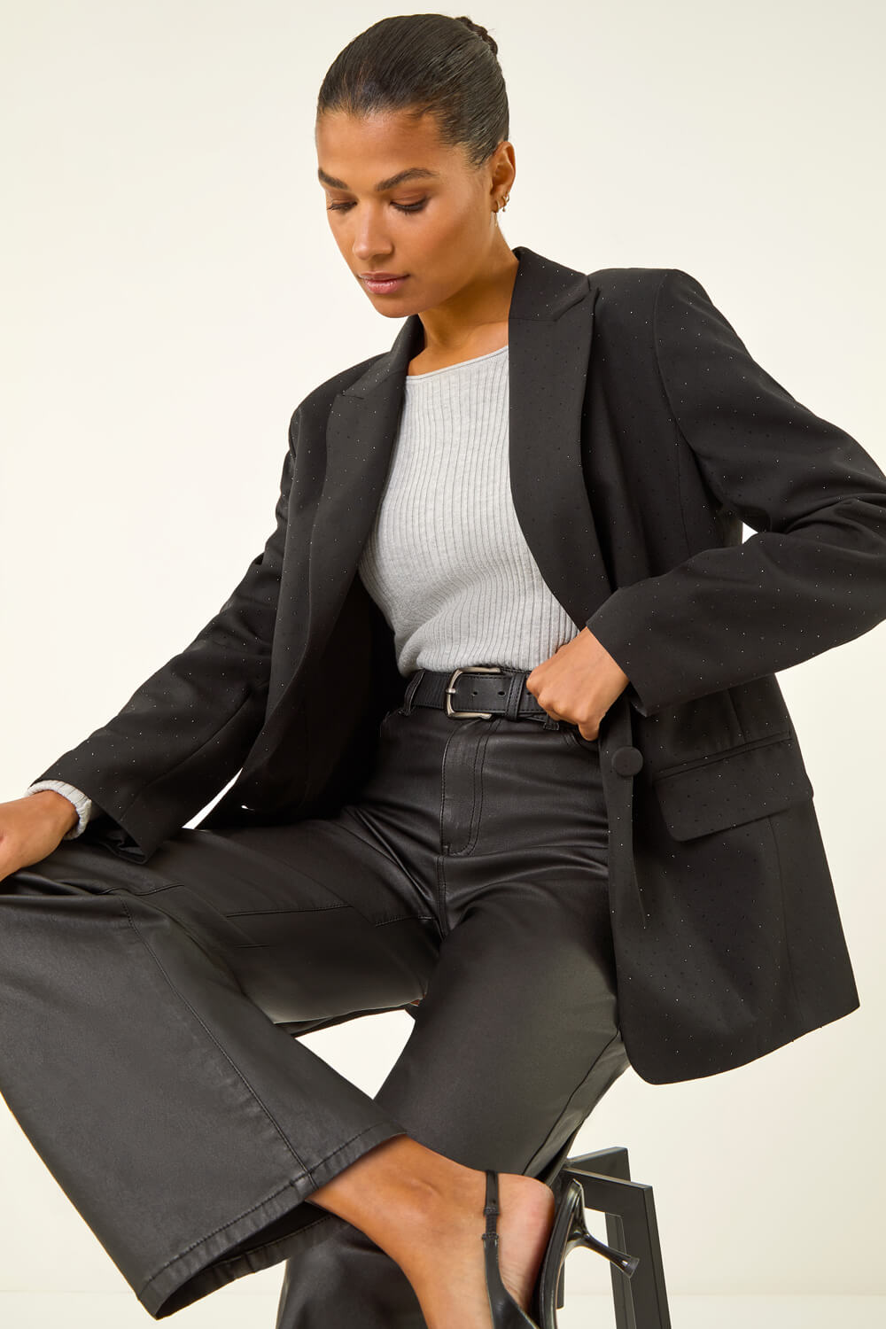 Black Revere Collared Diamante Jacket, Image 4 of 6