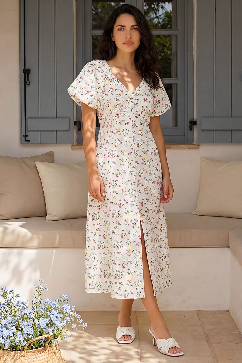 White Dusk Ditsy Broderie Midi Dress, Image 1 of 4