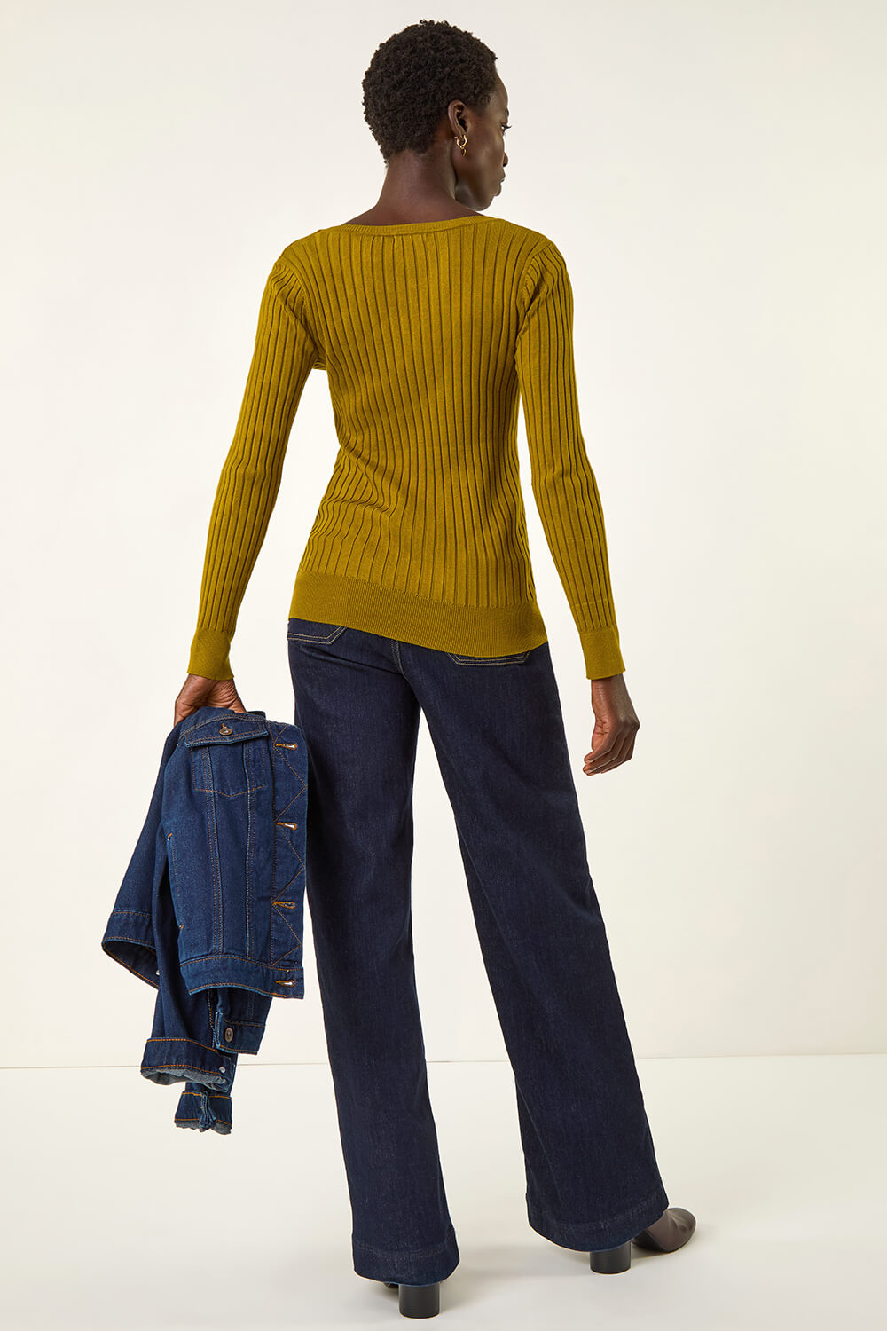 Olive Square Neck Ribbed Knit Jumper, Image 4 of 5