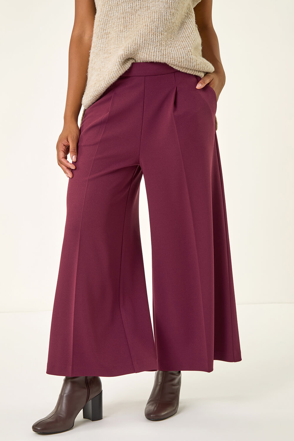 Aubergine Wide Leg Premium Stretch Culottes, Image 1 of 5