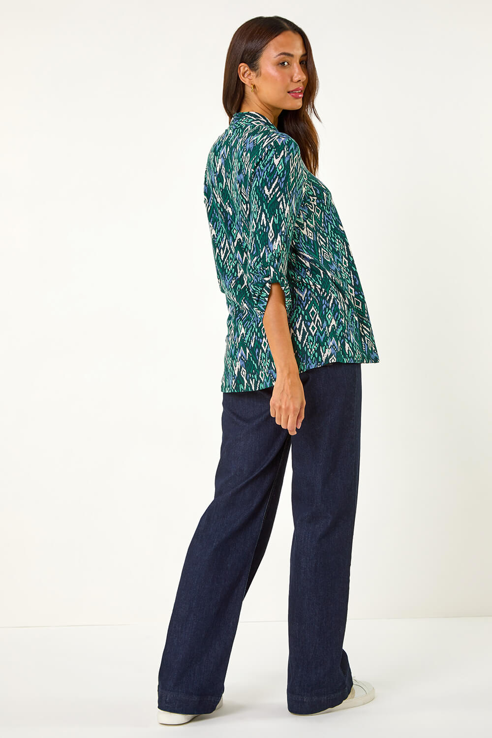 Teal Abstract Print Front Pleat Stretch Top, Image 4 of 5